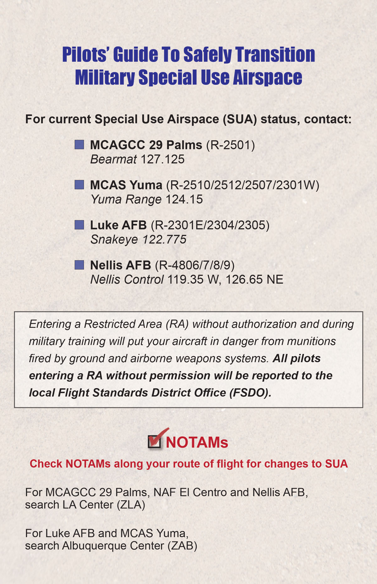 Kneeboard for Pilots with information for safely transitioning Military Special Use Airspace